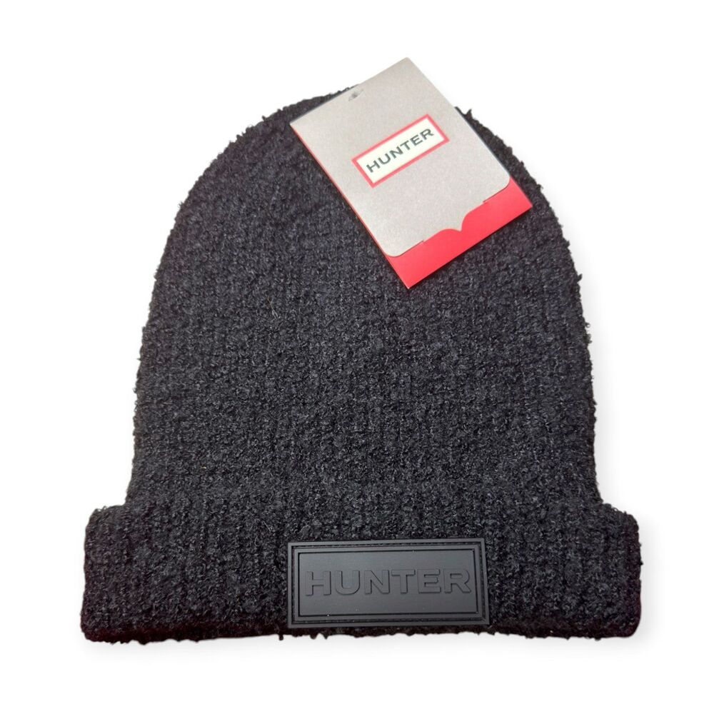 Hunter Texture Beanie Tonal Patch Black Winter Cozy Knit Hat Cap New